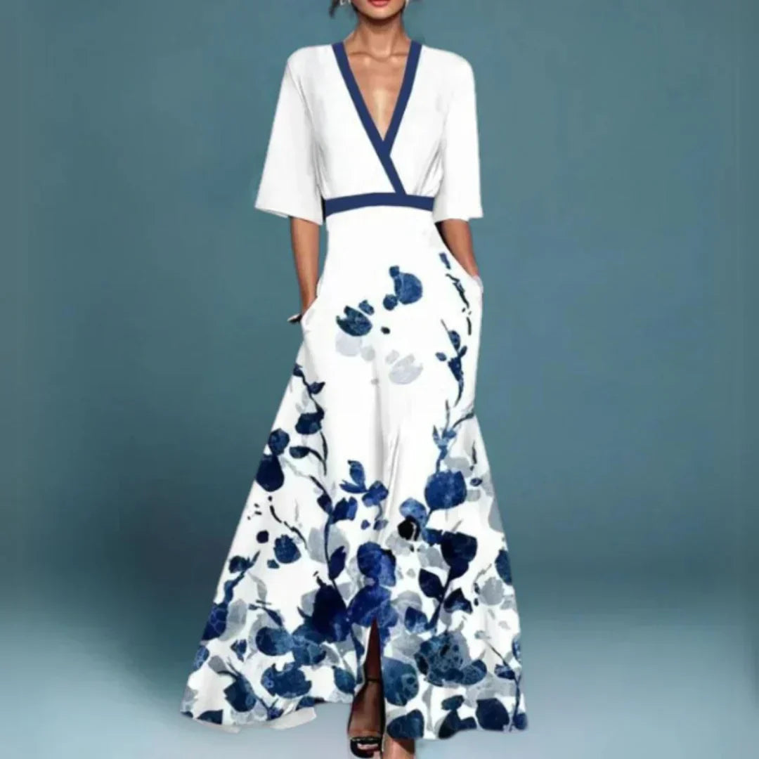 Floral Maxi Dress for Women – Elegant Blue & White