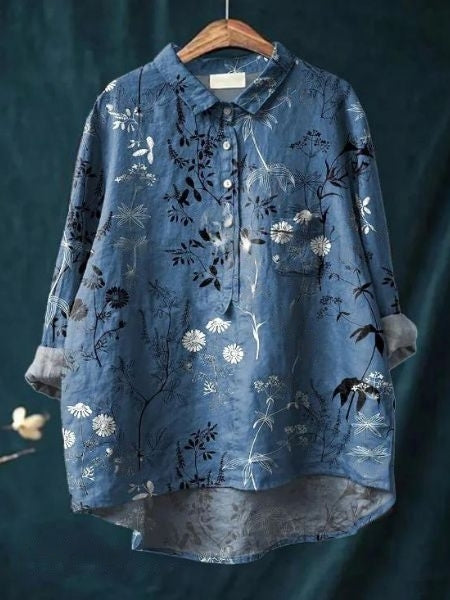 Printed Button-Up Shirt Women Loose Fit Floral Style