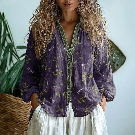 Women's Relaxed Boho V-Neck Blouse with Long Sleeves