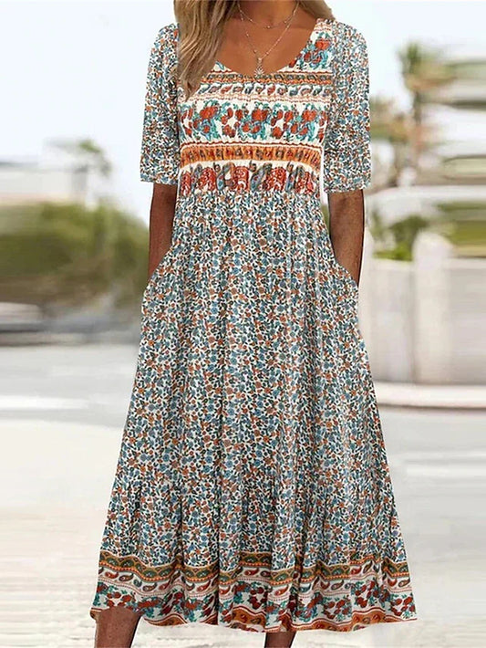 Floral Square Neck Midi Dress Women