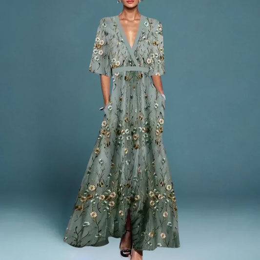 Elegant Floral V-Neck Maxi Dress For Women