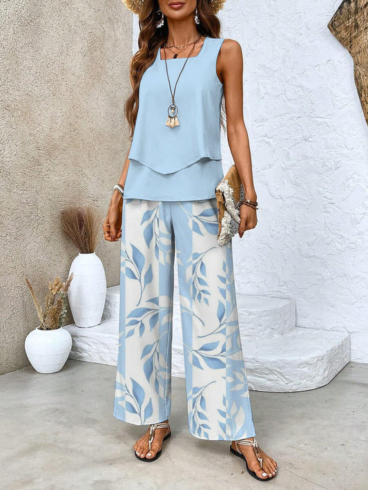 Women’s Casual Sleeveless Top And Wide Leg Pants Set