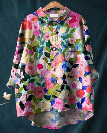 Printed Button-Up Shirt Women Loose Fit Floral Style