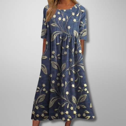 Women's Botanical Print Round Neck Loose Midi Dress