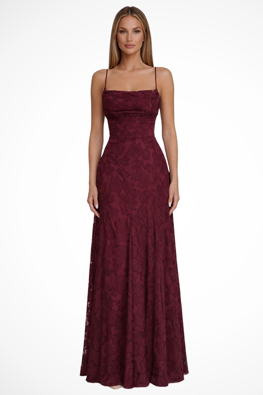 Elegant Women Spaghetti Strap Backless Floral Jacquard Maxi Dress