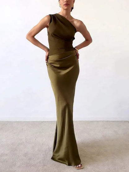 Elegant Pleated One-Shoulder Maxi Party Dress