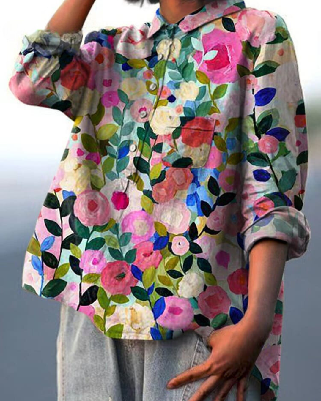 Printed Button-Up Shirt Women Loose Fit Floral Style