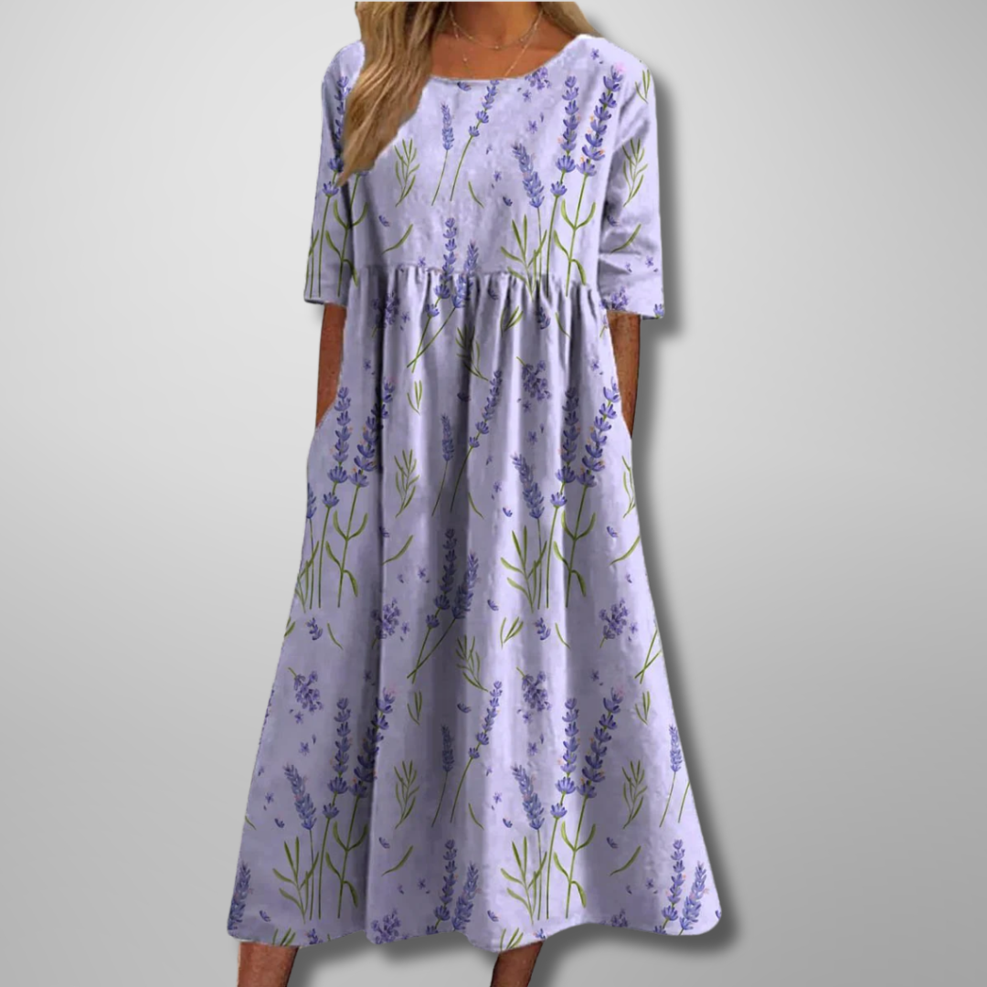 Women's Botanical Print Round Neck Loose Midi Dress