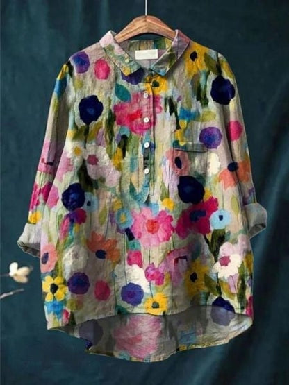 Printed Button-Up Shirt Women Loose Fit Floral Style