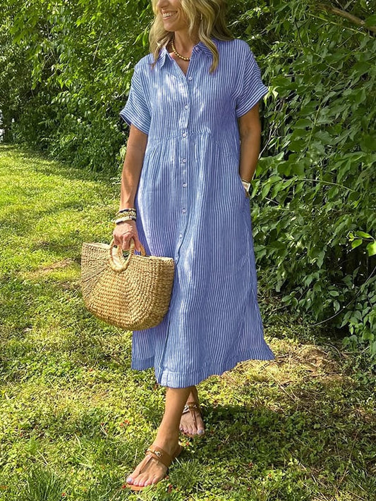 Women's Striped Collared Button-Front Short Sleeve Dress