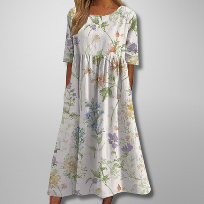 Women's Botanical Print Round Neck Loose Midi Dress