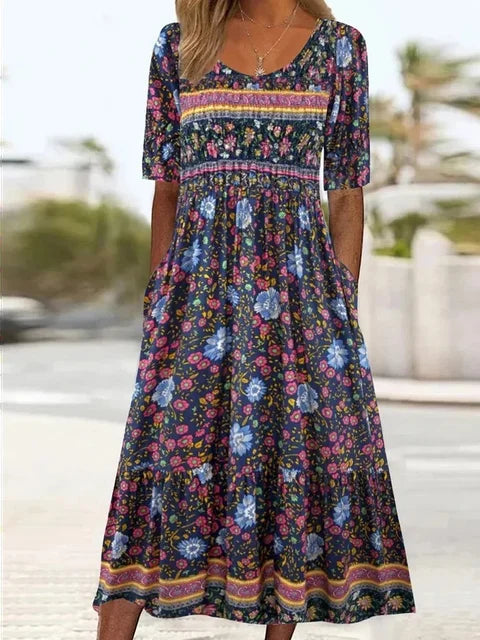 Floral Square Neck Midi Dress Women