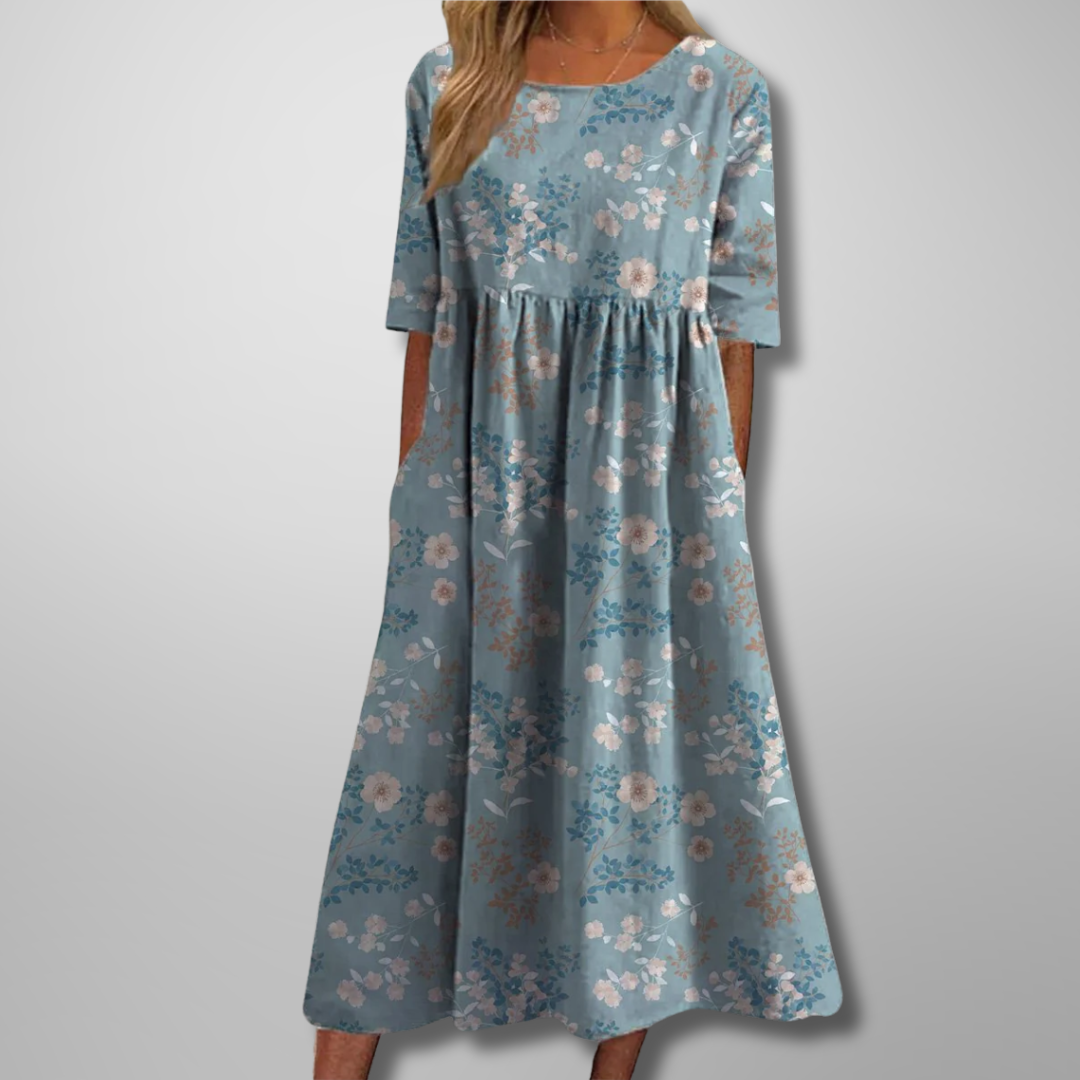 Women's Botanical Print Round Neck Loose Midi Dress