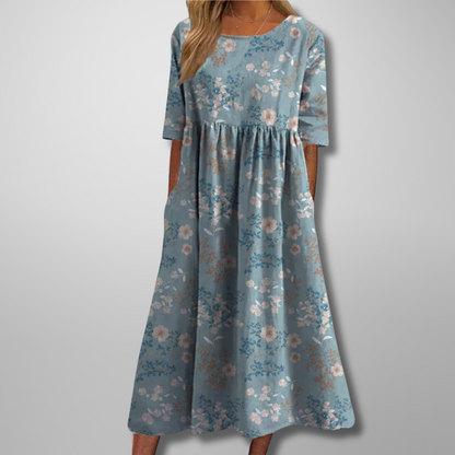 Women's Botanical Print Round Neck Loose Midi Dress