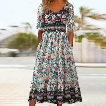 Floral Square Neck Midi Dress Women
