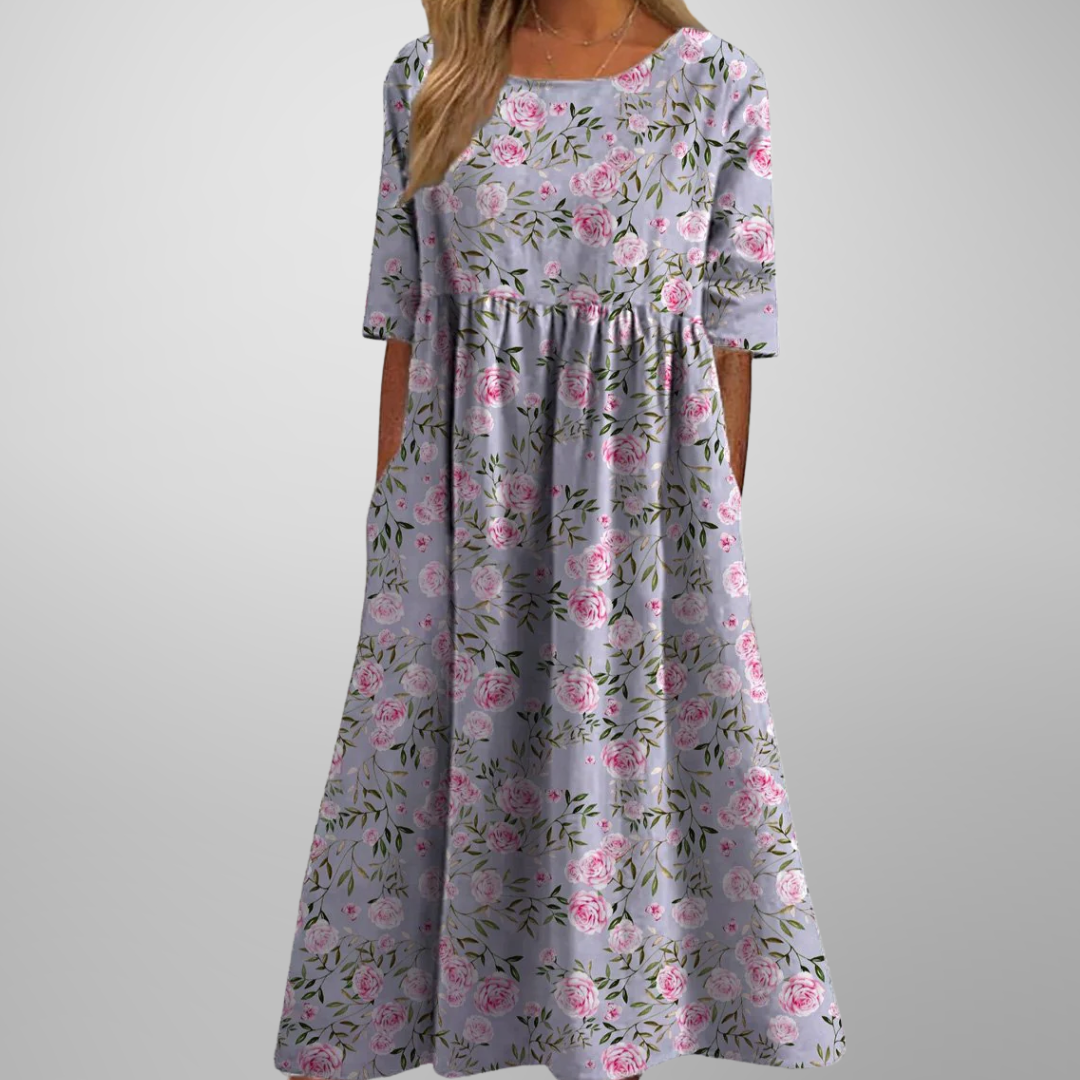 Women's Botanical Print Round Neck Loose Midi Dress