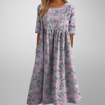 Women's Botanical Print Round Neck Loose Midi Dress
