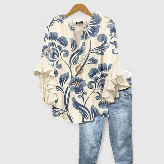 Floral Ruffled Sleeve Blouse for Women | Breathable Casual