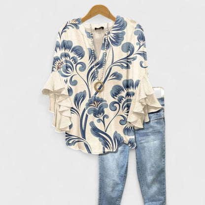 Floral V-Neck Ruffle-Sleeve Blouse Vintage Style