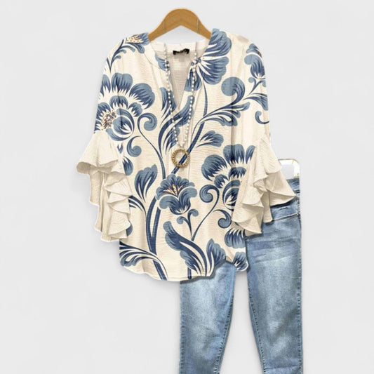 Floral V-Neck Ruffle-Sleeve Blouse Vintage Style