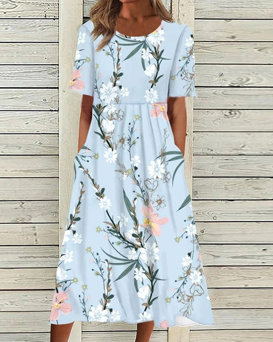 Floral Short Sleeve Midi Dress For Women