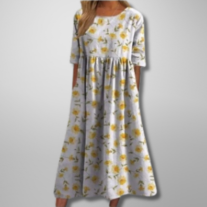 Women's Botanical Print Round Neck Loose Midi Dress