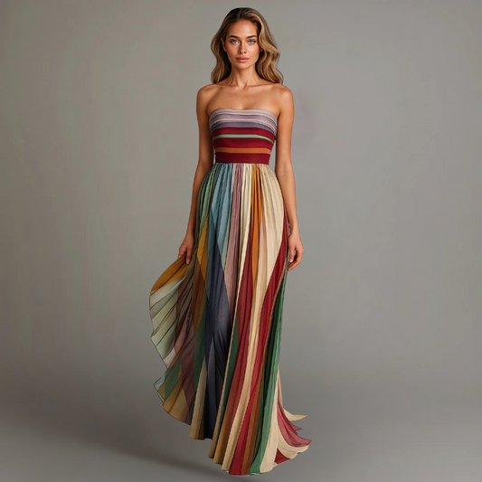 Bohemian Pleated Maxi Dress Multicolor Strapless