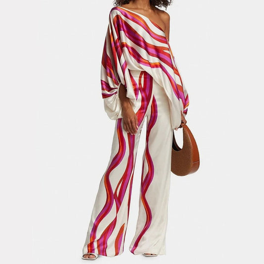 One-Shoulder Printed Co-Ord Set with Wide-Leg Pants