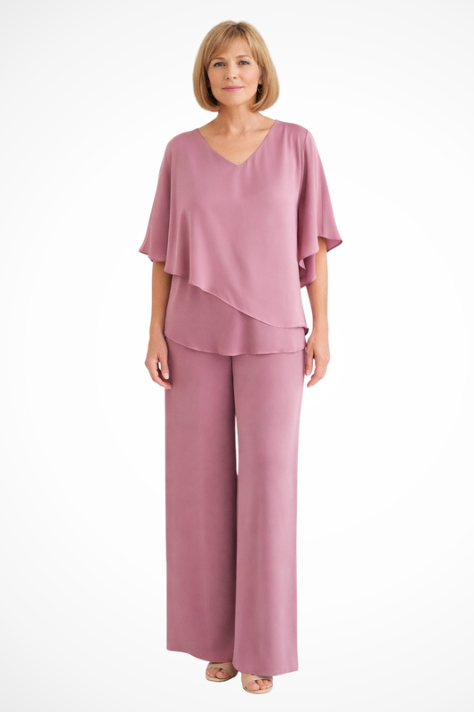 Elegant Women’s Two Piece Set V Neck Batwing Sleeve Top Wide Leg Trousers