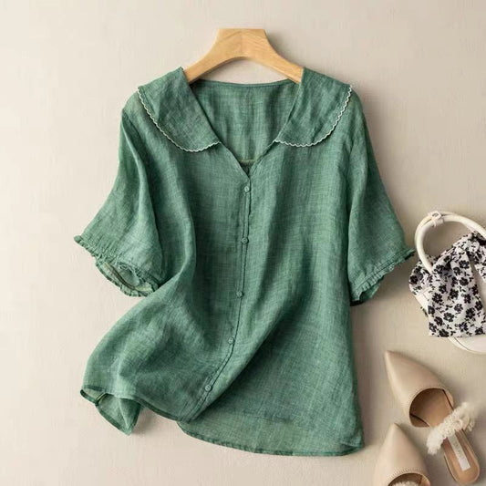 Relaxed Everyday Blouse with Peter Pan Collar for Women
