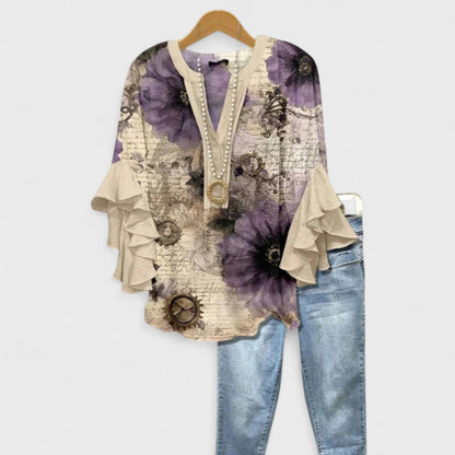 Floral V-Neck Ruffle-Sleeve Blouse Vintage Style