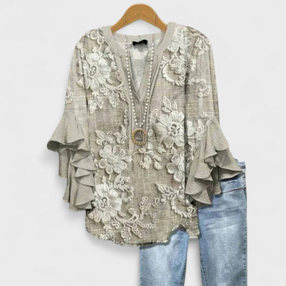 Floral V-Neck Ruffle-Sleeve Blouse Vintage Style