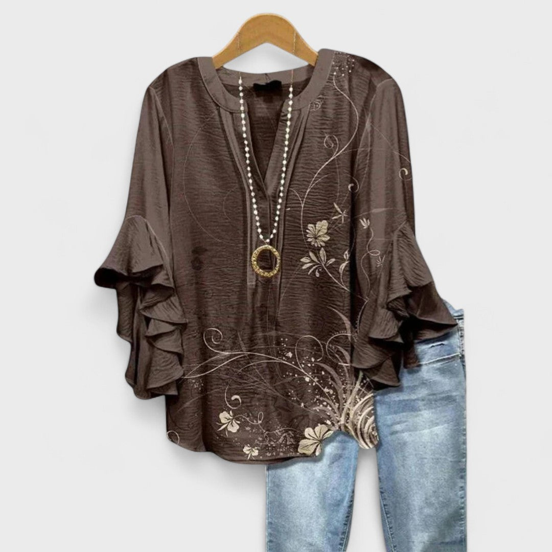 Floral V-Neck Ruffle-Sleeve Blouse Vintage Style