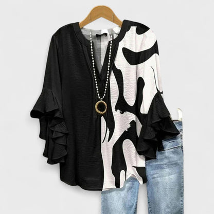 Floral V-Neck Ruffle-Sleeve Blouse Vintage Style