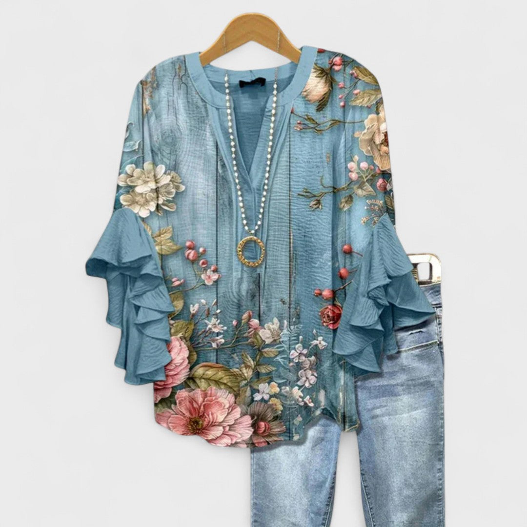 Floral V-Neck Ruffle-Sleeve Blouse Vintage Style
