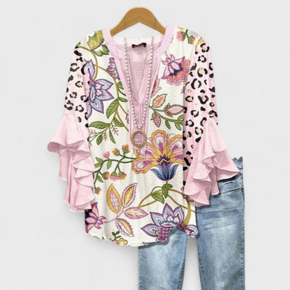 Floral V-Neck Ruffle-Sleeve Blouse Vintage Style