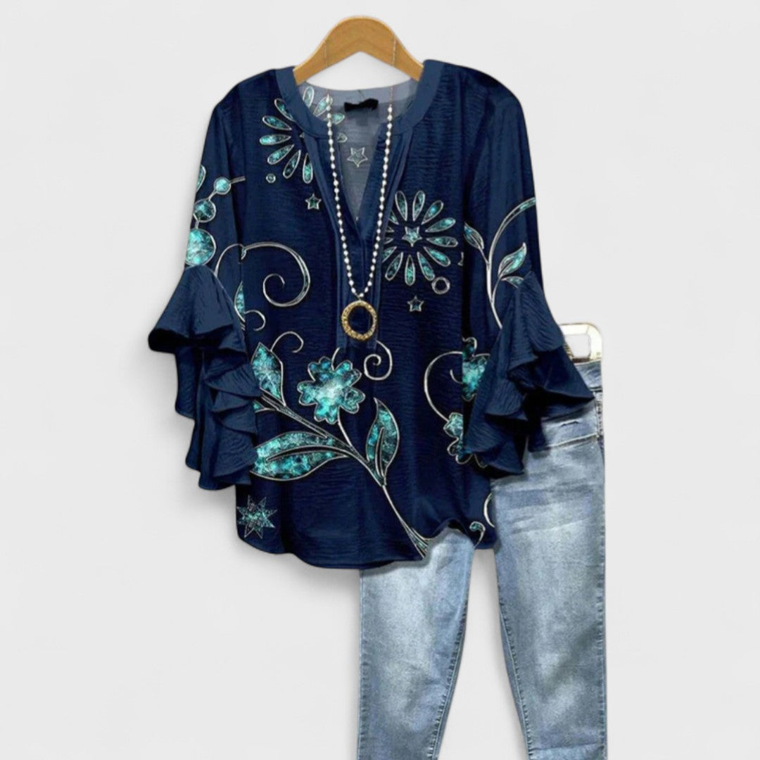Floral V-Neck Ruffle-Sleeve Blouse Vintage Style