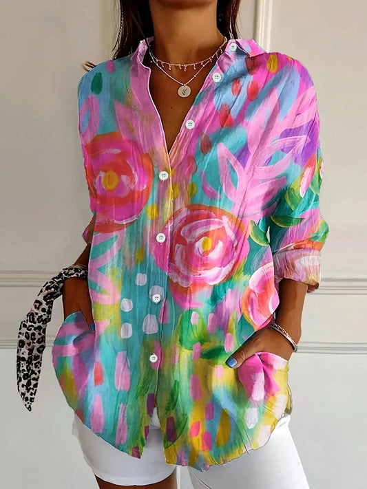Women’s Artistic Floral Button-Up Blouse