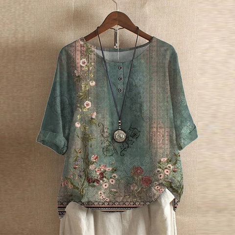 Women's Vintage Floral Print Loose Fit Blouse
