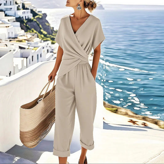 Elegant Coastal Wrap-Style Cropped Jumpsuit for Women