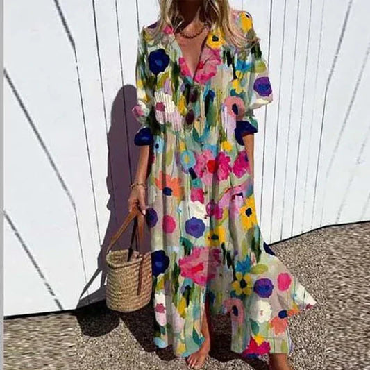 Women’s Colorful Floral Print Flowing Maxi Dress
