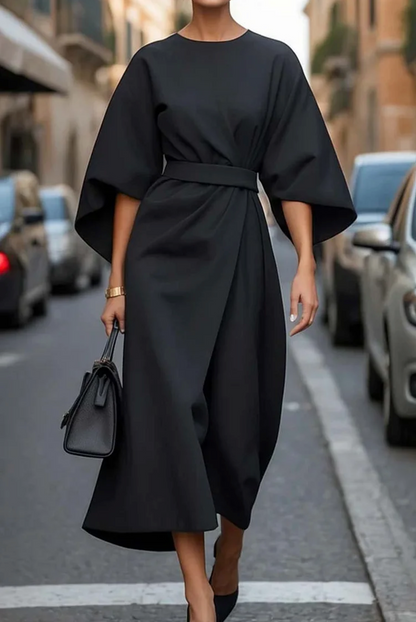 Women’s Elegant Draped Midi Dress with Batwing Sleeves