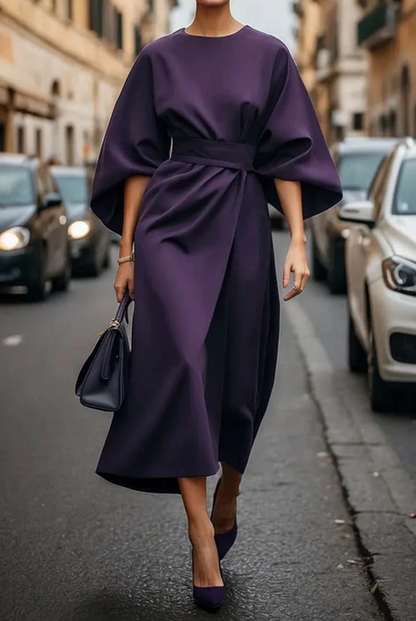 Women’s Elegant Draped Midi Dress with Batwing Sleeves