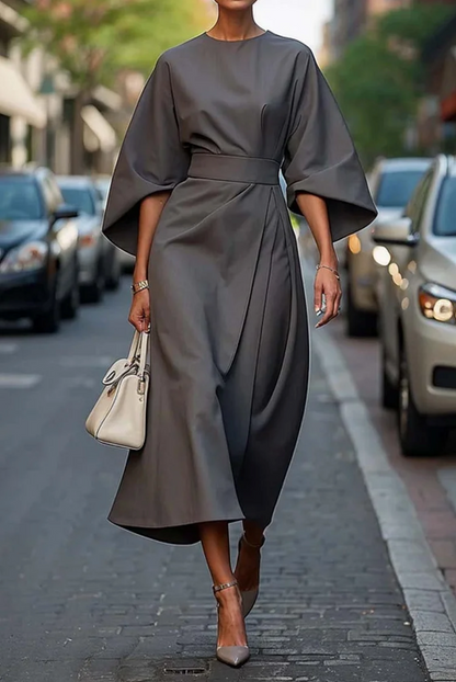 Women’s Elegant Draped Midi Dress with Batwing Sleeves