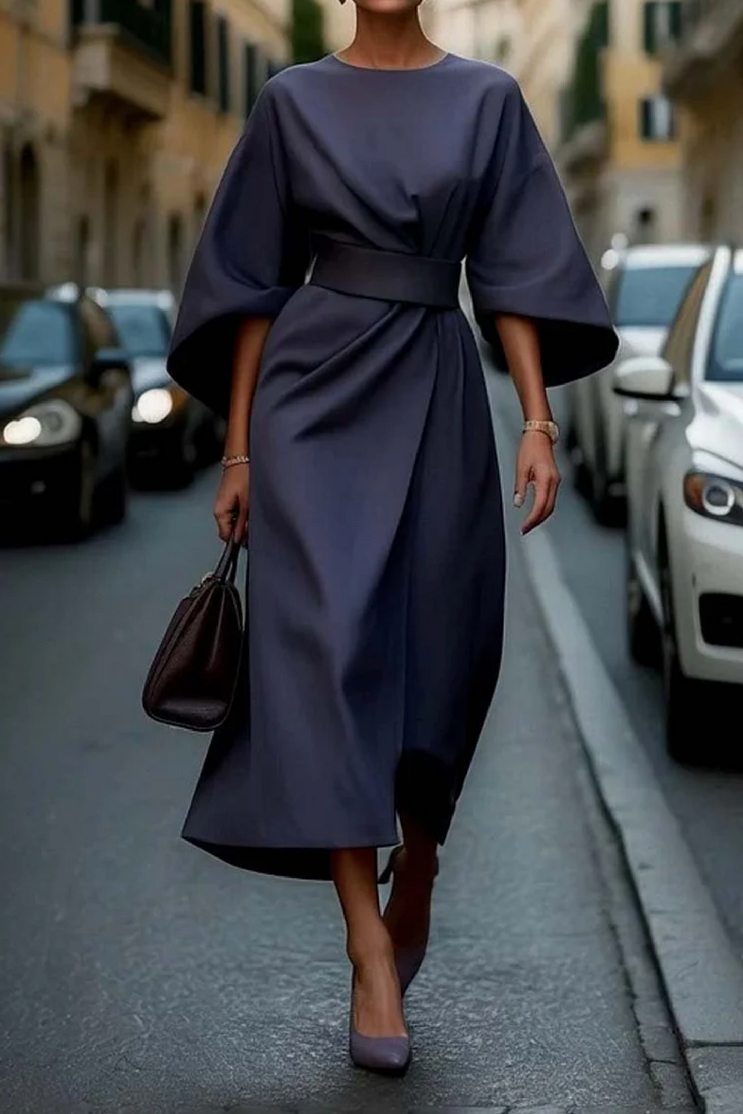 Women’s Elegant Draped Midi Dress with Batwing Sleeves
