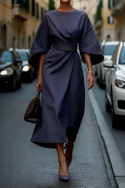 Women’s Elegant Draped Midi Dress with Batwing Sleeves