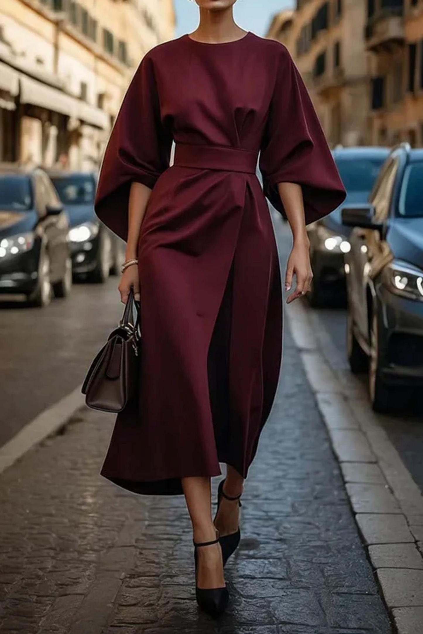 Women’s Elegant Draped Midi Dress with Batwing Sleeves