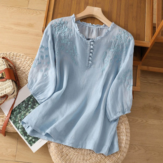Mireya Embroidered Button Front Blouse for Women