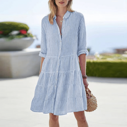 Women's Striped Collared Tiered Button-Down Mini Dress