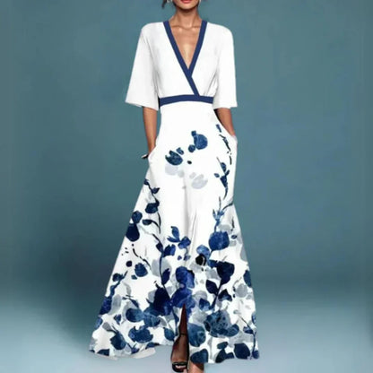 Floral Maxi Dress for Women – Elegant Blue & White